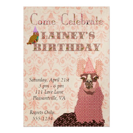 Invitation rose d'anniversaire de lama