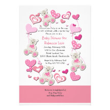Invitation rose de nounours et de ballons de coeur