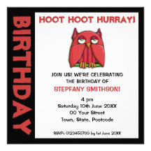 Invitation rouge de fête d'anniversaire de hibou