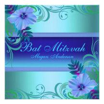 Invitation vibrant bleu de bat mitzvah de fleur