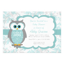 Invitations de baby shower de hibou, Aqua, gris - 