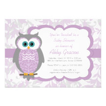 Invitations de baby shower de hibou, pourpre, gris