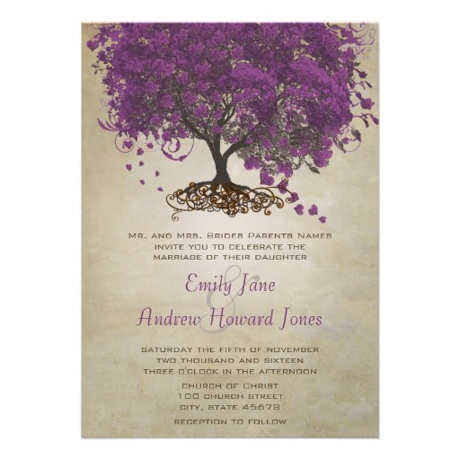 Invitations de mariage d'arbre de feuille de Purpl