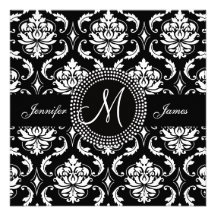 Invitations de mariage de noir de damassé du monog