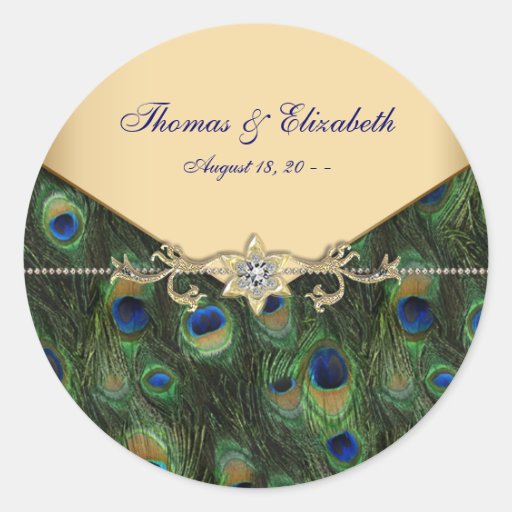 Invitations élégantes de mariage de paon d'or autocollant rond