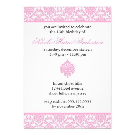 Invitations roses de sweet sixteen de damassé