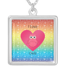 J'aime les coeurs roses d'arc-en-ciel de hiboux pendentif