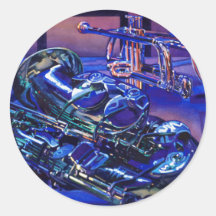 "Jazz aquarelle d'instruments de musique dans bleu Autocollant Rond