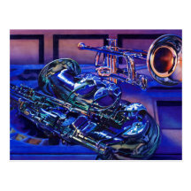 "Jazz aquarelle d'instruments de musique dans bleu Cartes Postales