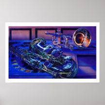 "Jazz aquarelle d'instruments de musique dans bleu Affiches