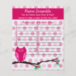 Jeu personnalisé par baby shower rose de hibou prospectus en couleur