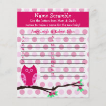 Jeu personnalisé par baby shower rose de hibou prospectus en couleur