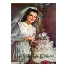 Jeune mariée vintage et son gâteau de mariage invitations personnalisées