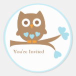 Joint bleu d'enveloppe de baby shower de hibou adhésifs ronds