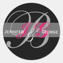 Joint fuchsia noir blanc de mariage de monogramme  adhésifs ronds