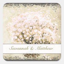 Joint rose de mariage d'arbre de feuille de coeur  stickers carrés