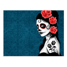 Jour de la fille morte de crâne de sucre - bleu carte postale