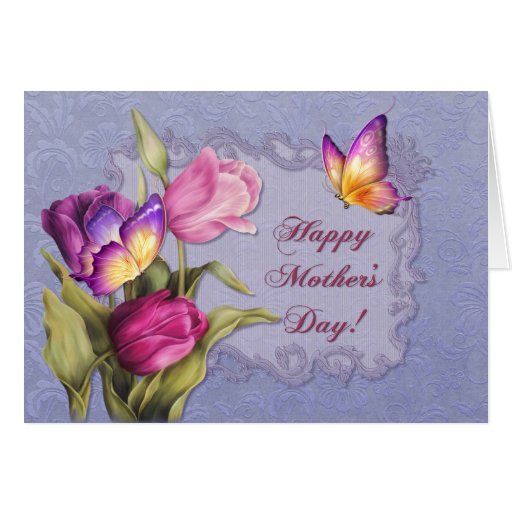 Jour de mères de tulipes et de papillons cartes de vœux