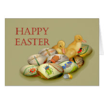 Joyeuses Pâques, oeufs brodés et canetons Cartes