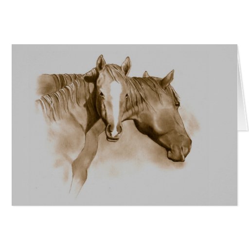 JUMENT, POULAIN : CHEVAUX : ART : SÉPIA : RÉALISME CARTE DE VŒUX