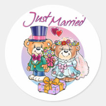 Juste couples mariés de mariage d'ours de nounours autocollants ronds