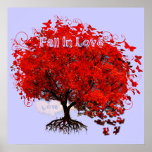 La chute dans l'amour tourbillonne arbre de rouge  affiches