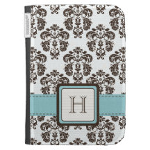 La damassé de Brown bleu de monogramme allument la Étui Pour Kindle