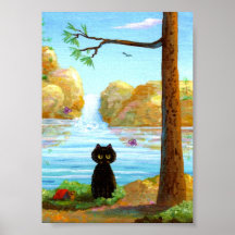 Lac drôle waterfall d'impression d'affiche de chat