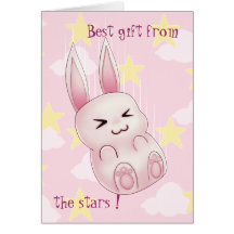Lapin rose mignon de Kawaii tombant des étoiles Cartes De Vœux