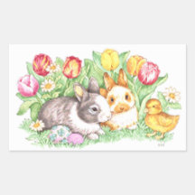 Lapins, caneton et tulipes de Pâques Autocollants En Rectangle