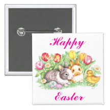 Lapins, caneton et tulipes de Pâques Badge Avec Épingle