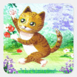 Le chat tigré orange drôle fleurit Creationarts Autocollants