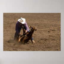 Le cowboy attache un veau affiche
