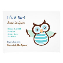 Le faire-part de naissance du garçon bleu de hibou