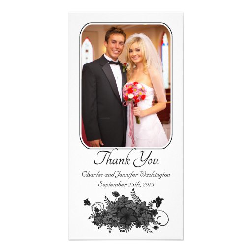 Le mariage floral élégant noir vous remercient pho carte avec photo