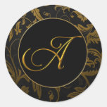 Le monogramme un or et mariage damassé noir scelle autocollants