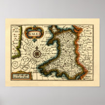 Le Pays de Galles - carte du 17ème siècle historiq Affiche