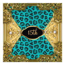 léopard Teal 4 de fête d'anniversaire de quinceañe Invitations Personnalisées
