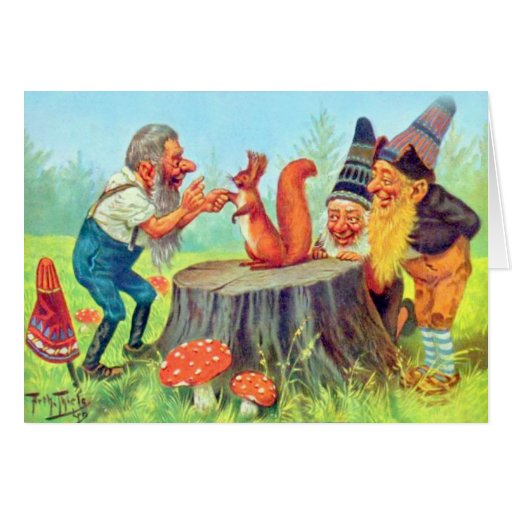 Les gnomes amicaux observent un écureuil cartes de vœux