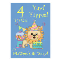 Lion Partie-Mignon d'anniversaire+Gâteau coloré, c Invitations Personnalisées