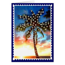 Lumières de palmier de vacances au coucher du sole carte de vœux