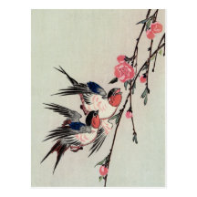 Lune, hirondelles, et fleurs de pêche, Ando Hirosh Carte Postale