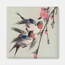 Lune, hirondelles, et fleurs de pêche, Ando Hirosh Aimant Pour Réfrigérateur