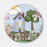 Maison de campagne bleue mignonne au soleil aimant pour réfrigérateur
