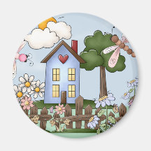 Maison de campagne bleue mignonne au soleil aimant pour réfrigérateur