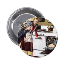 Maman vintage dans la cuisine faisant cuire le jam badge