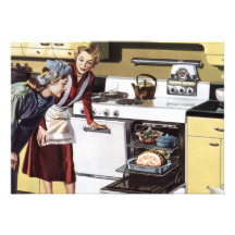 Maman vintage dans la cuisine faisant cuire le jam invitation