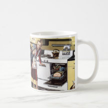 Maman vintage dans la cuisine faisant cuire le jam tasse