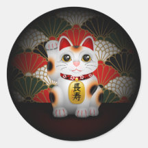 Maneki en céramique blanc Neko Autocollant Rond