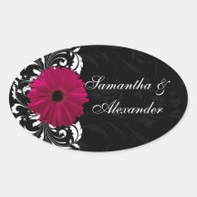 Marguerite fuchsia de Gerbera de rouleau avec noir Stickers Ovales
